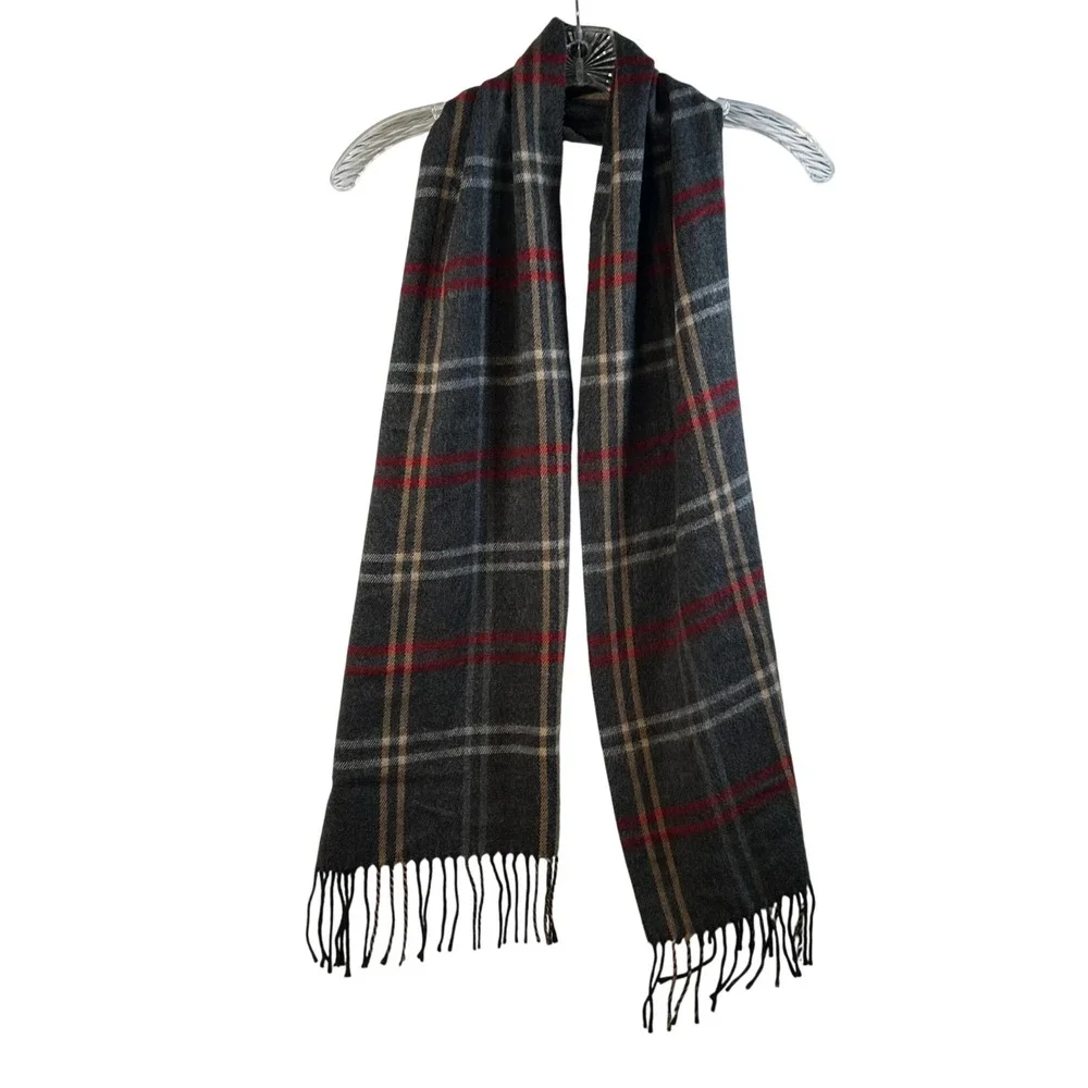 Steve Madden Plaid Scarf Acrylic Wool Blend Fringe Made in Italy‎ Gray Red Tan